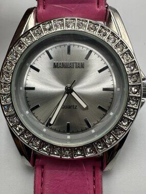 Manhattan by Croton Womens Watch Silver Tone Pink Leather Band New Battery 9.5"